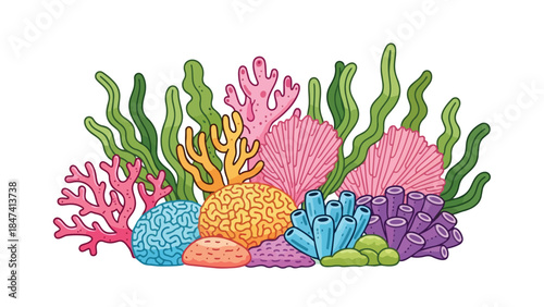 A captivating colorful underwater scene showcasing a vibrant array of diverse coral formations and swaying aquatic plants thriving on the ocean