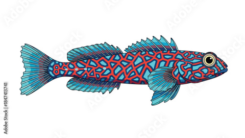 Vibrant aquatic goby fish with intricate blue and red mosaic patterns showcasing stunning underwater life, an illustrative depiction of colorful