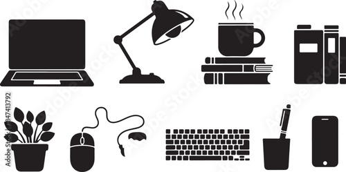 Black icons set for modern office workspace