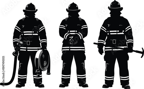 Set of Firefighter Silhouettes in Full Gear with Helmet, Holding Hose, Axe, and Standing Proudly, Representing Emergency Service and Heroism