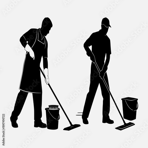 Silhouetted Janitors Cleaning Floor with Mops and Buckets in Empty Space Vector Illustration