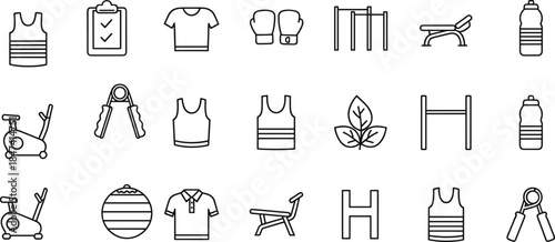 Set of Minimalist Line Art Icons Representing Gym Equipment, Fitness Apparel, Workout Gear, Exercise Machines, and Healthy Lifestyle for Sports Design