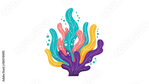 vibrant underwater plant life in abstract art style with bright colors and organic shapes
