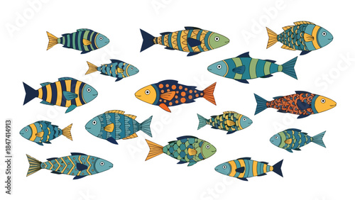 A Whimsical Collection of Illustrated Marine Life Forms in Striking Geometric Patterns and Diverse Color Schemes