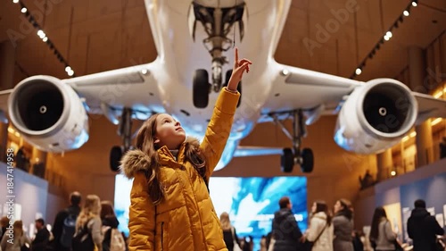 Child captivated by airplane display in aviation exhibition