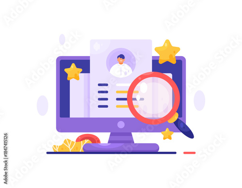 Job search, recruitment, and employee hiring concepts. Website services providing job vacancy information. Illustration of a monitor displaying job applicant information. Flat style. White background.