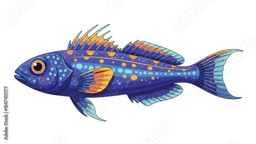 Vibrant Blue Cartoon Fish with Orange Accents and Yellow Spots Illustration