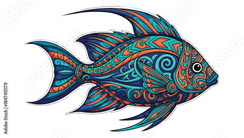Ornate aquatic creature rendered in vibrant blues and fiery oranges showcasing intricate tribal patterns and flowing lines