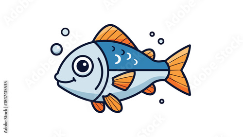 A cheerful cartoon fish with blue and orange fins swims happily among rising bubbles