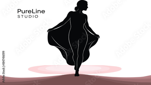 Stylish walking silhouette with flowing garment and PureLine Studio branding over abstract pink and brown runway background