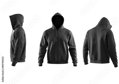 Gray hooded sweatshirt in three views on black gray hoodie clothing isolated on a transparent background