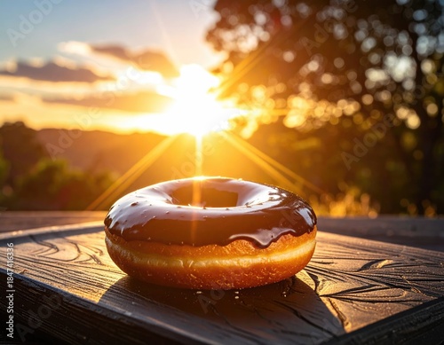Glazed donut on wooden surface with a glorious sunset in background