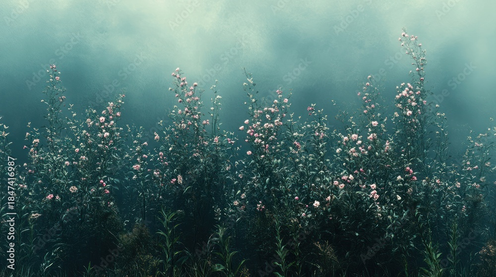 Fototapeta premium Misty garden with delicate pink flowers
