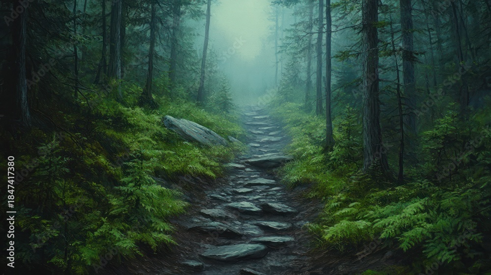 Fototapeta premium Misty mountain path through a dark forest