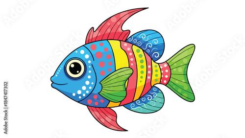 Vibrant and Playful Cartoon Fish Illustration Featuring Bold Stripes and Swirling Decorative Patterns for Aquatic Themes