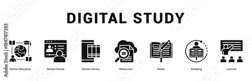Digital Study Modern and clean web banner illustration featuring thematic icons for visual communication