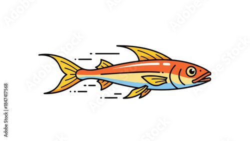 Stylized depiction of a swift orange and blue fish in motion against a clean white background