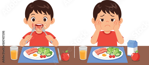 Boy eating healthy breakfast with eggs and bacon versus sitting sad with no appetite at the table.