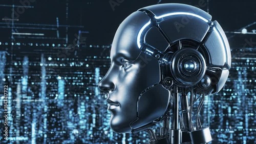 Wallpaper Mural Futuristic Artificial Intelligence Robot Head With Digital Data Streams And Cyber Technology Background Representing Advanced Machine Learning Innovation Torontodigital.ca