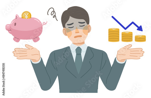 貯金がなかなか増えない、スーツ姿の男性のイラスト