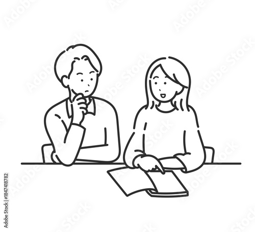 家計について話し合う30代夫婦のイラスト　線画のみ