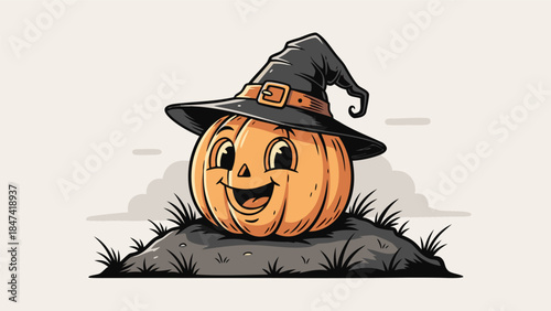 A cute cartoon pumpkin wearing a witch's hat sits on a small mound of dirt with grass.
