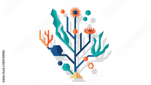 Geometric Abstract Flora and Fauna Illustration with Organic and Tech Elements
