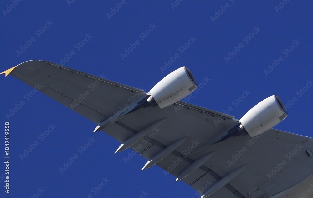 Naklejka premium A quad-jet aircraft's wings are prominently featured against a clear blue sky, captured shortly after liftoff.