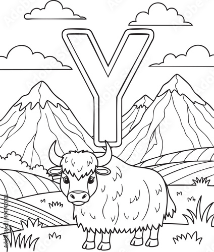 Yak and uppercase letter y in mountainous landscape, alphabet learning coloring page for kids.