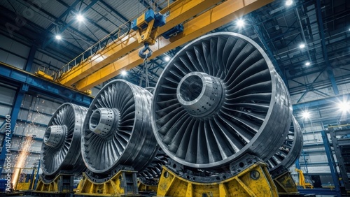Industrial jet engine turbines in a factory with overhead crane and heavy machinery