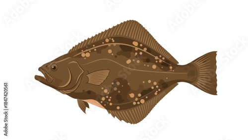Detailed Illustration of a Brown Flatfish with Speckled Pattern Against a White Background
