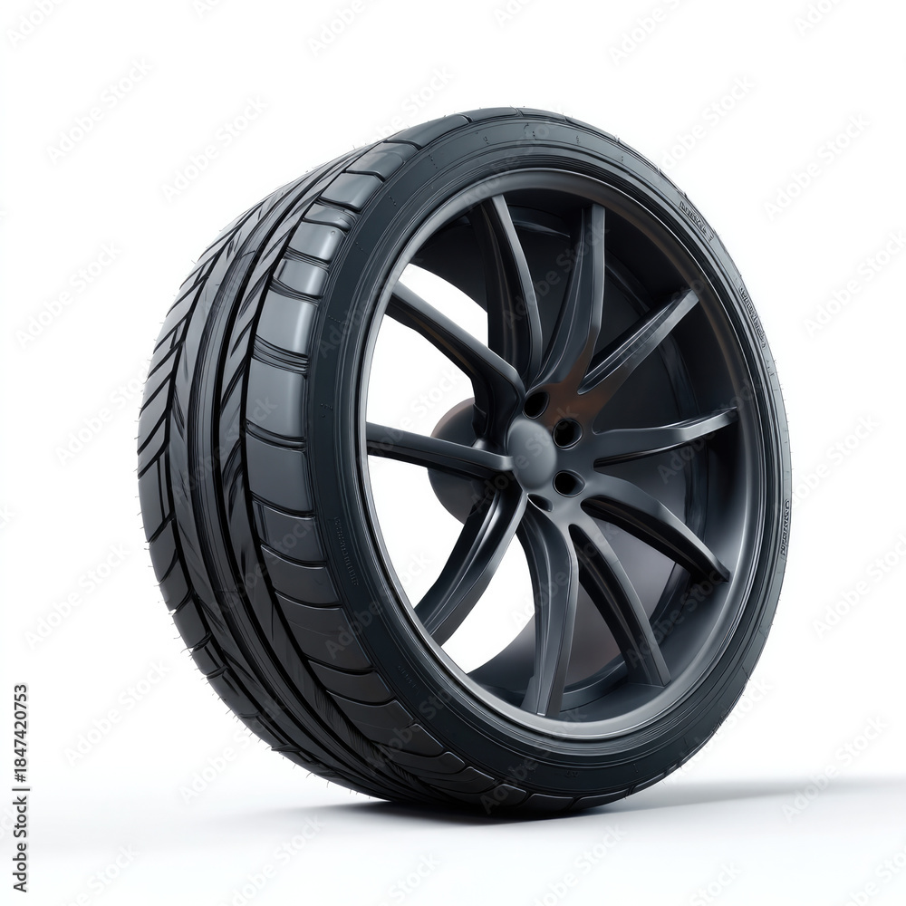 Fototapeta premium Large tire with black rim modern tread pattern automotive part isolated on white durable performance sleek circular rubber metal