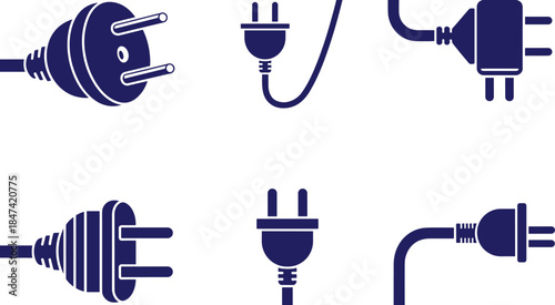 Black and white electrical plug icons set, minimalist power cable and socket silhouettes for technology and electricity design
