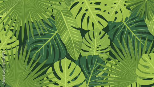 Tropical leaves pattern viewed from directly above in a lush green environment