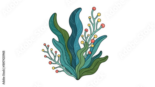Artistic rendering of vibrant aquatic flora with delicate berries and flowing green foliage
