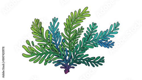 Whimsical Gradient Fern Frond Illustration with Textured Green and Blue Tones on White Background