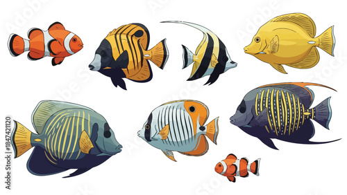 A Vibrant Collection of Diverse Tropical Marine Aquarium Fish Species Illustrated in a Flat Design Style