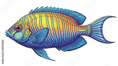 Vibrant Tropical Fish Illustration with Striking Blue, Orange and Yellow Hues and Intricate Fins and Tail Design