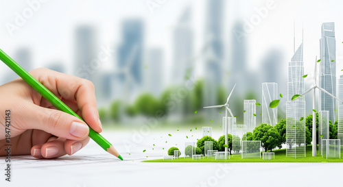 Green Pencil Hand Drawing Eco-Friendly Sustainable Cityscape with Wind Turbines