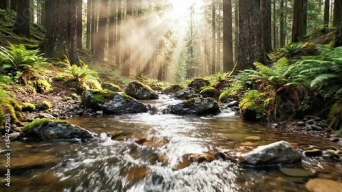 Sunlight Streams Through Lush Forest Canopy Illuminating a Serene Stream.
