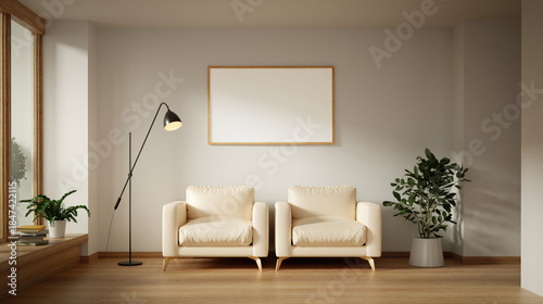 Stylish modern furniture arrangement in a minimalist living area. 3D render illustration