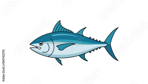 A charming cartoon illustration of a vibrant blue tuna fish swimming gracefully against a pure white background, perfect for educational content