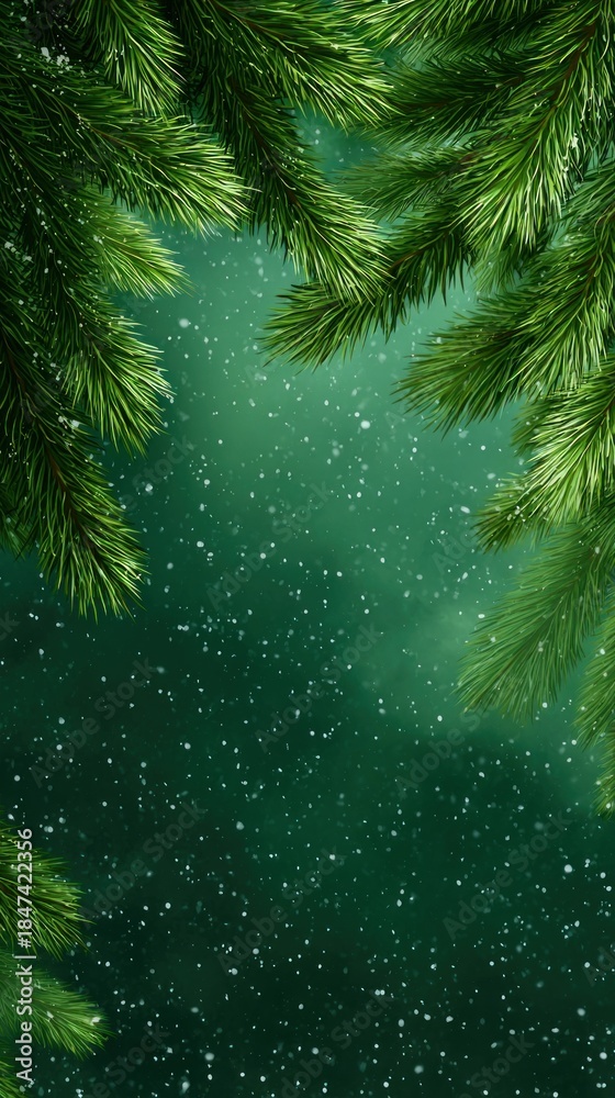 Obraz premium A serene winter scene featuring snow falling against a rich green backdrop, framed by lush evergreen branches.