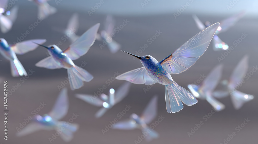 Obraz premium Iridescent hummingbird flock flying in soft light, translucent wings shimmering, ethereal atmosphere, peaceful and dreamy scene