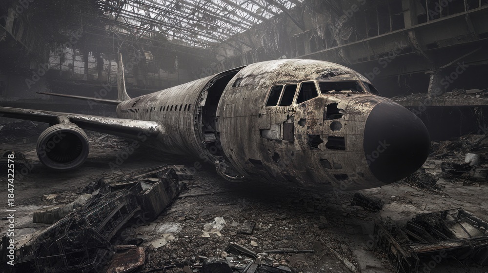 Fototapeta premium Ruined airplane wreckage in derelict hangar