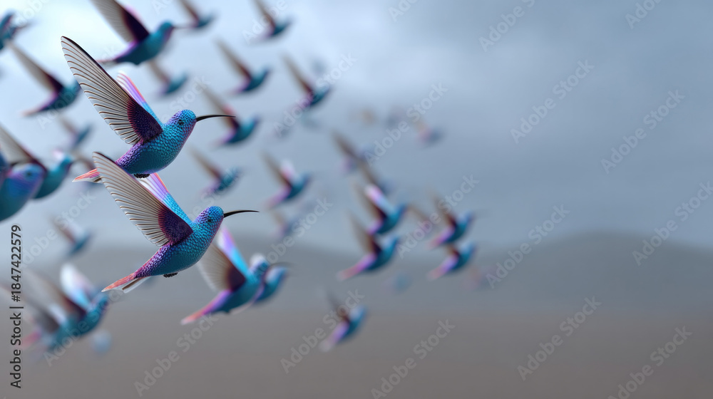Obraz premium Flock of vibrant blue hummingbirds flying in sky, dynamic movement, natural wildlife, freedom, and energy in nature