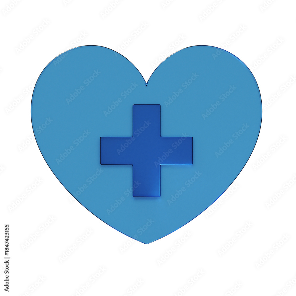 Obraz premium ハートに十字架がついたフラットなアイコンの3Dイラスト。透明感のある青いグラスモーフィズムなマーク2。ビジネスやUIに適した透明感のあるアイコン