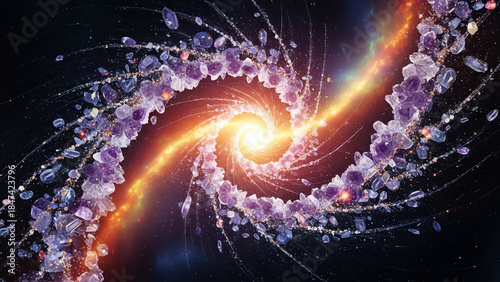 Spiral Galaxy with Glowing Core and Purple Crystalline Dust