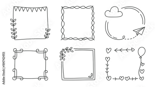 A collection of six charming hand drawn doodle frames with decorative leaf and banner elements