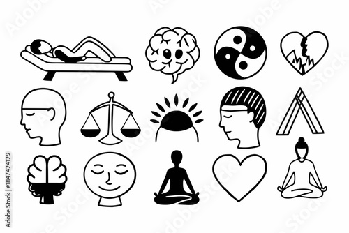 A set of mental health and wellness icons including therapy brain balance and meditation